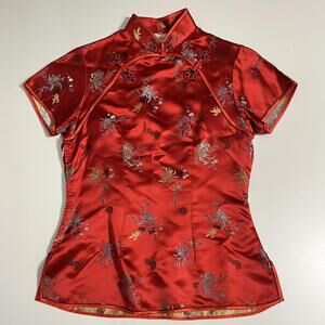 Peony Top 1940s Satin Floral Qipao Chinese Knot Button Blouse Asian Brocade